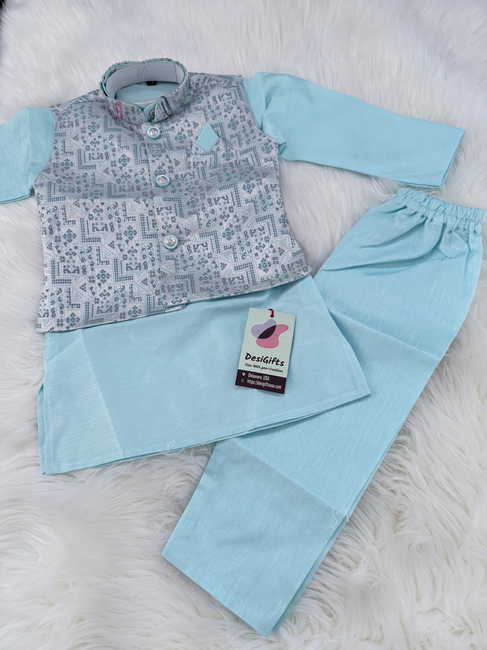 Skyblue Shade 3 Piece Boy's Cotton  Silk Ethnic Kurta with Jacket, and Pajama- Design B-2010