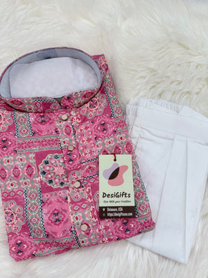 Premium Pink Embroidered Kurta Pajama Set – Viscose Rayon with Printed & Sequin Detailing | Traditional Outfit | KPS-2034