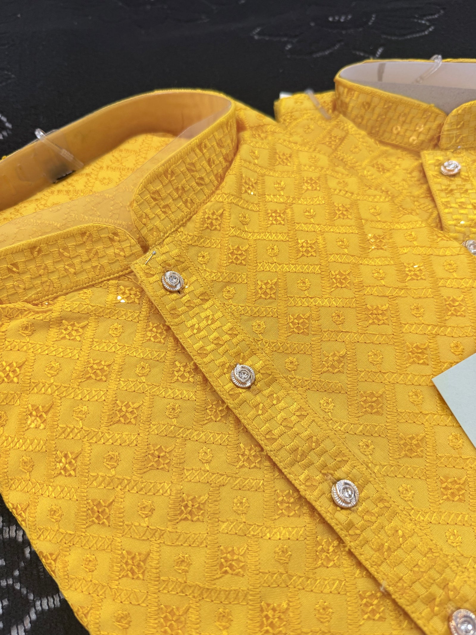 Men & Boys Marigold Yellow Rayon Chikankari with Sequins Kurta Pajama Set | Matching Father Son Option Festive Outfit with Sequin Work, DM -1422