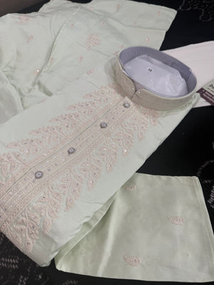 Ethnic Kurta Pajama Set for Men with Classic Embroidery on Neck & Placket – Festive Wedding Kurta Pant Outfit | KP-2064