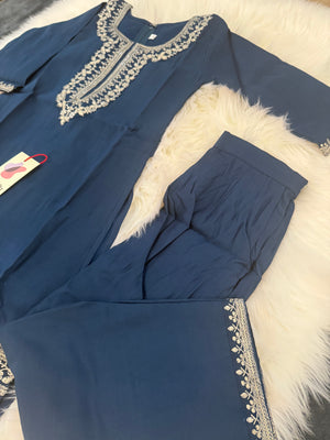Elegant 3 Piece Peacock Blue Shade Kurti Set with Exquisitely Zari Work, Girl's Dress, Design G-1893