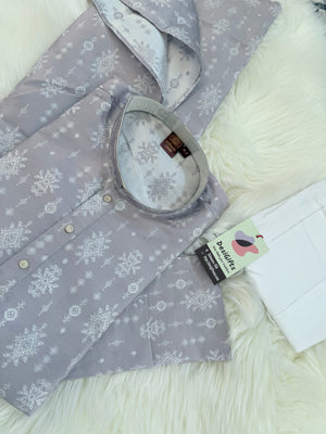 Pastel Purple Jacquard Silk Kurta Pajama Set with Off White Self woven work for Men, KPS-3026