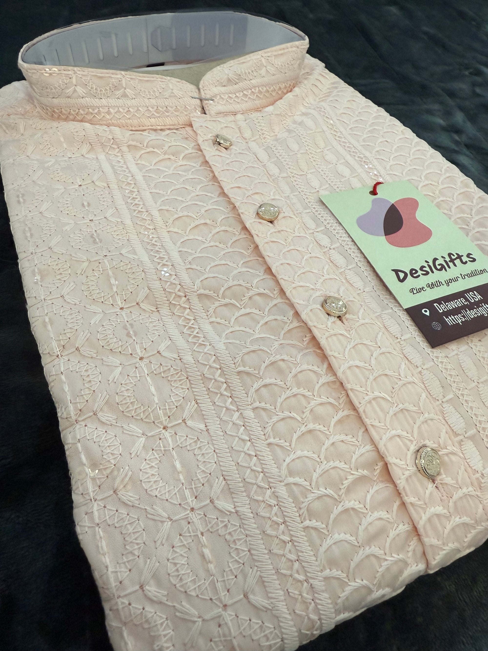 Pastel Peach Shade Chikankari Rayon with Sequins 2 Piece Kurta Pajama Set, Father & Son's Outfit, DM -1807