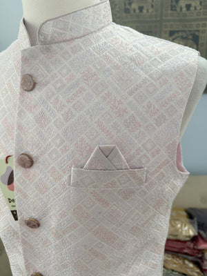 Men’s Pastel Pink Nehru Jacket – Self Woven Silk Indian Sadri, Festive Wedding Waistcoat, Ethnic Modi Jacket for Men, J-3073