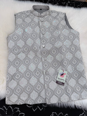 Luxury Gray Bead & Sequin Embroidered Jacket for Men – Heavy Thread Work Wedding Waistcoat | J-3033
