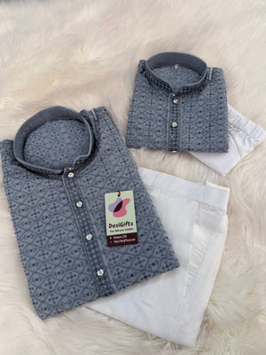 Gray Chikankari Rayon with Sequins 2 Piece Kurta Pajama Set, Father or Son's Outfit, DM -1981