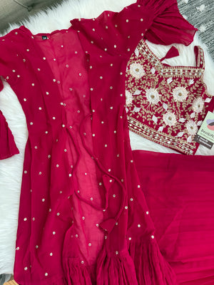 Festive Lehnga Choli with Jacket, Indian traditional festive outfit for Princess in Apple Red Shade, Girl Design GRL - 1569