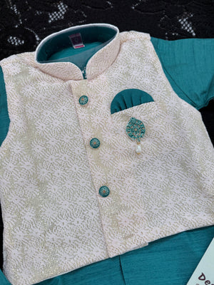 Kids Teal Green Kurta Dhoti and Pajama Set with Cream Sparkle Jacket, Boys Ethnic Wear, Festive Wedding Outfit B-2020