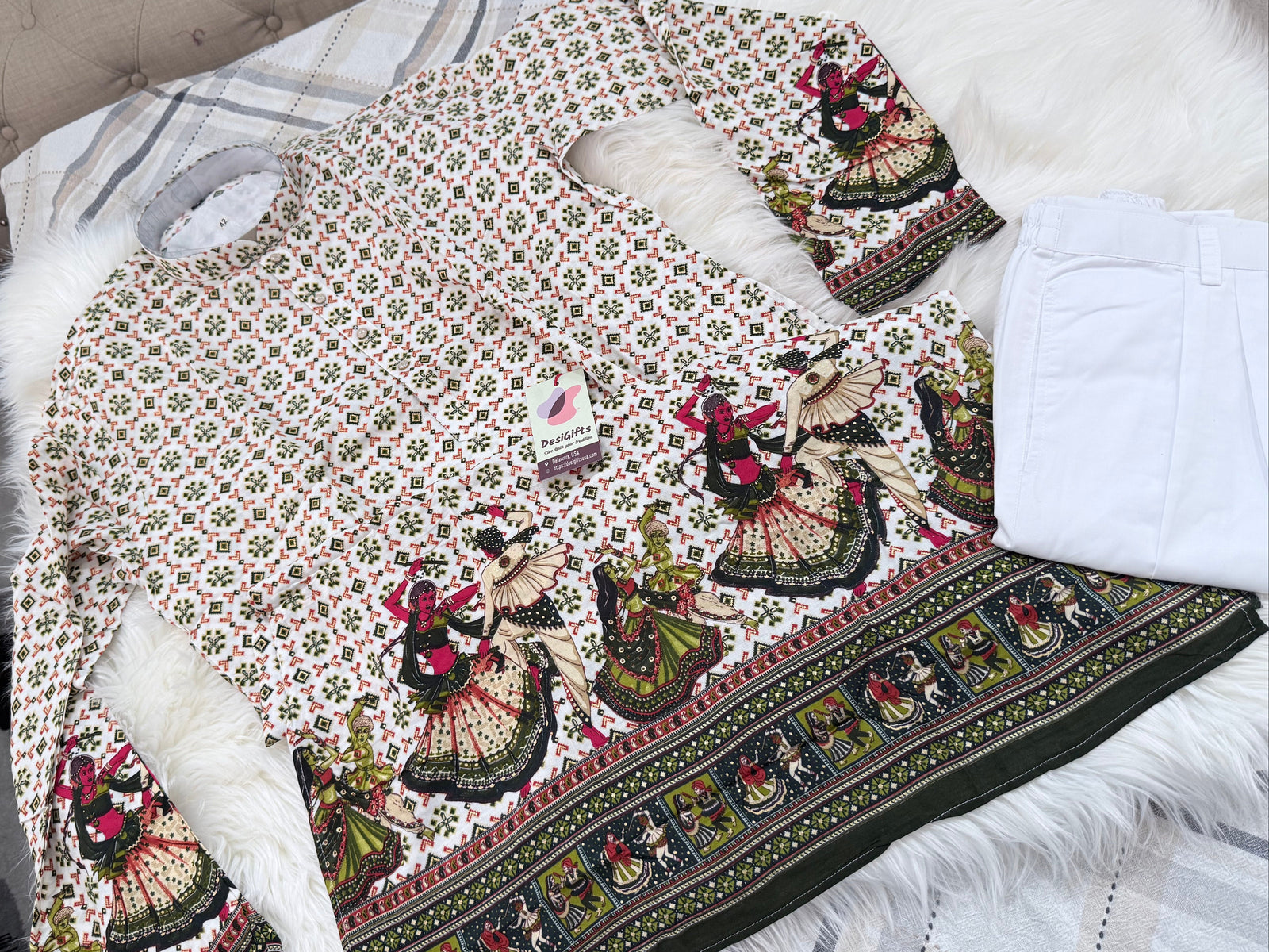 Men’s Off white/Cream Gujarati Garba Print Kurta Pajama Set | Traditional Navratri Festive Wear – Design 3066