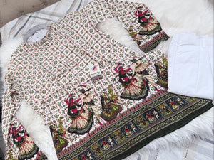 Men’s Off white/Cream Gujarati Garba Print Kurta Pajama Set | Traditional Navratri Festive Wear – Design 3066