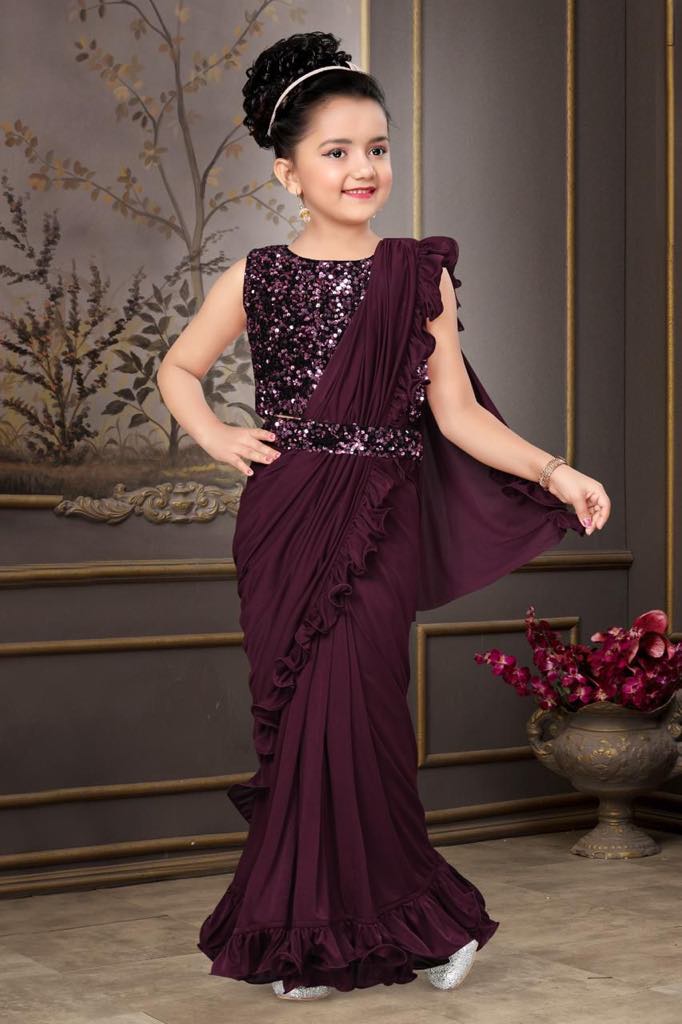 Readymade Saree in Hershey's Brown Shade for Girls with sequins Blouse, Indian Ethnic Outfit, GRL -1394 Size 38 / Brown Readymade Saree in Hershey's Brown Shade for Girls with sequins Blouse, Indian Ethnic Outfit, GRL -1394 Size 38 / Brown