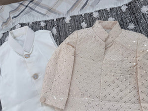 Boy's Champagne Blush Shade Cotton Silk 3 Piece Indo Western Outfit,  Embroidered  Sequins Long Jacket with Pant , Boy's Sherwani Dress - B-3054