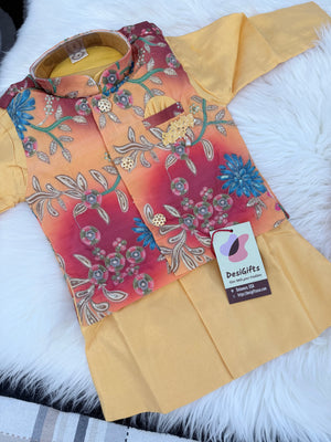 Boys Yellow Kurta Pajama Set with Floral Jacket | Dhoti and Trouser Pant Option | Indian Wedding Festive Ethnic Wear for Kids, B-4049
