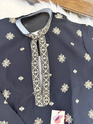 Men’s Navy Blue Shade Embroidered Kurta Pajama Set | Open Neck Kurta with Ivory Trouser Pants | Indian Wedding & Festive Wear, KP-4070