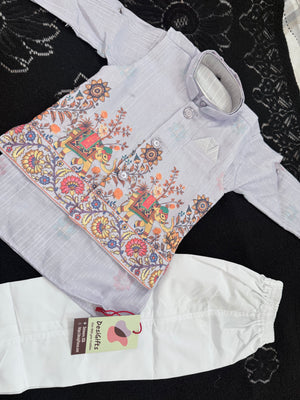 Boys Light Lavender Kurta Pajama with with Elephant Print Nehru Jacket | 3-Piece Indian Ethnic Outfit – Festive Ethnic Wear,- Design B-4034