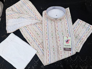 Man's Ivory Cream 2-Piece Kurta Pajama Set , Premium Rayon with Embroidery and Sequin Detailing, KP-4001