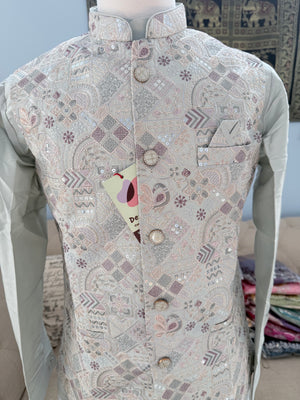 Men’s Pale Sage Green 3-Piece Kurta Pajama with Premium Embroidered Jacket, Wedding & Festive Ethnic Wear, KPJ-3078