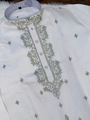 Size 42 (L), Men's Off-White Embroidered Kurta Pajama Set – Sage Green & Dusty Lavender | Indian Wedding & Festive Wear| KP-4067