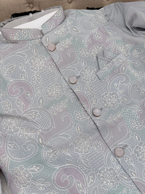 Luxury Everlasting Gray Silk 3-Piece Kurta Pajama with Stylish Jacket, Men’s Festive & Wedding Wear Set, KPJ-2032