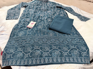 Men’s Deep Teal Blue with Silver Embroidered Kurta Pajama Set with Sequin Accents | Chikankari-Style Wedding & Festive Indian Outfit, KP- 3060