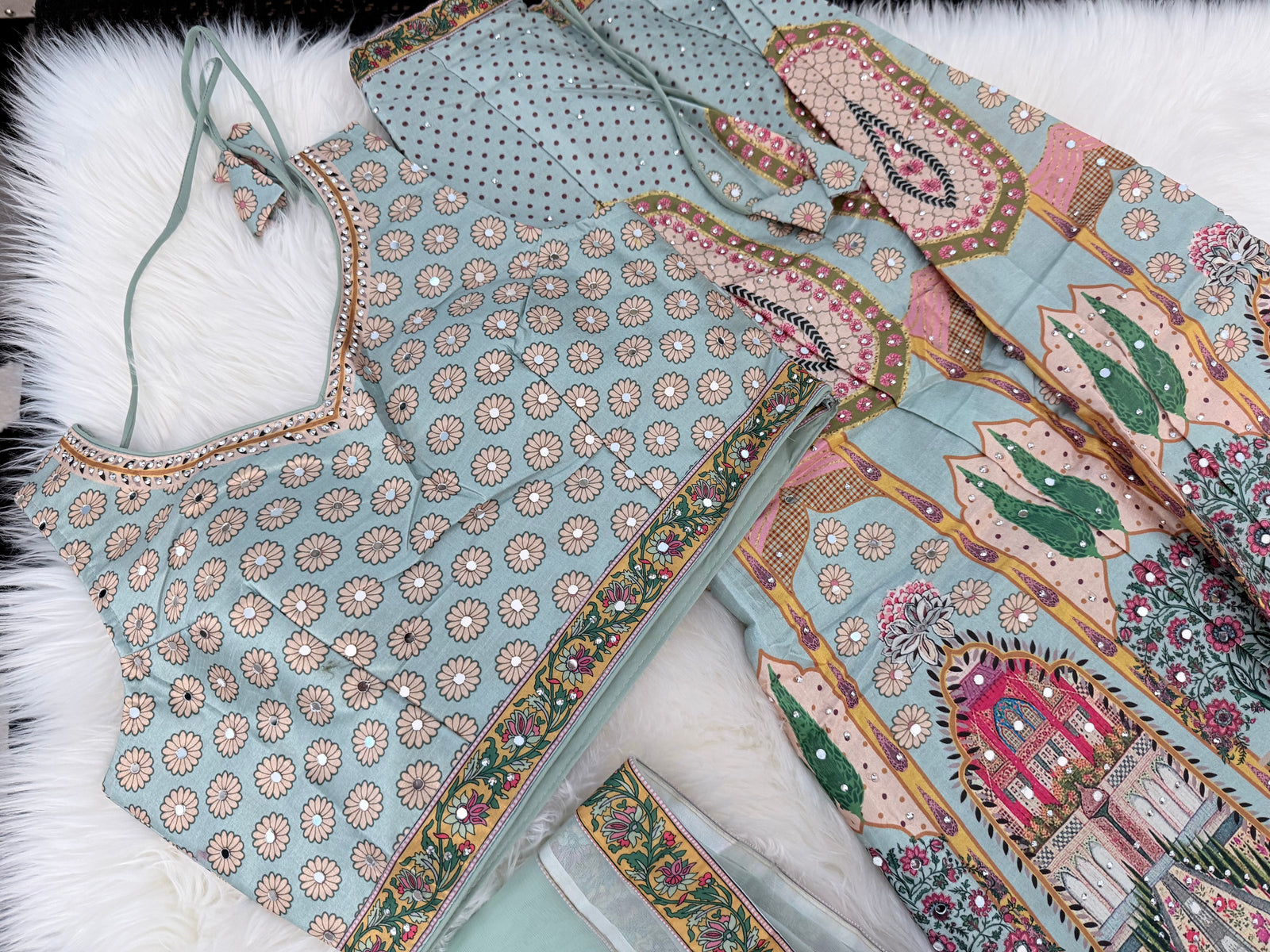 Women’s Sage Green Silk Blend Lehenga Choli Set – Digital Floral Print, Mirror-Style Sequin Work, Faux Georgette Dupatta, Indian Wedding Festive Wear, LHG - 1876
