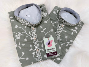 Boys & Men Matching Sage Green Kurta Pajama Set with White Floral Embroidery, Father Son Indian Ethnic Wear, DM- 3011