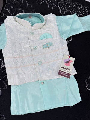 Boys Turquoise Shade Kurta Pajama Set with Geometric Self Design Jacket | Dhoti and Pajama | Indian Wedding Festive Ethnic Wear for Kids, B-4055