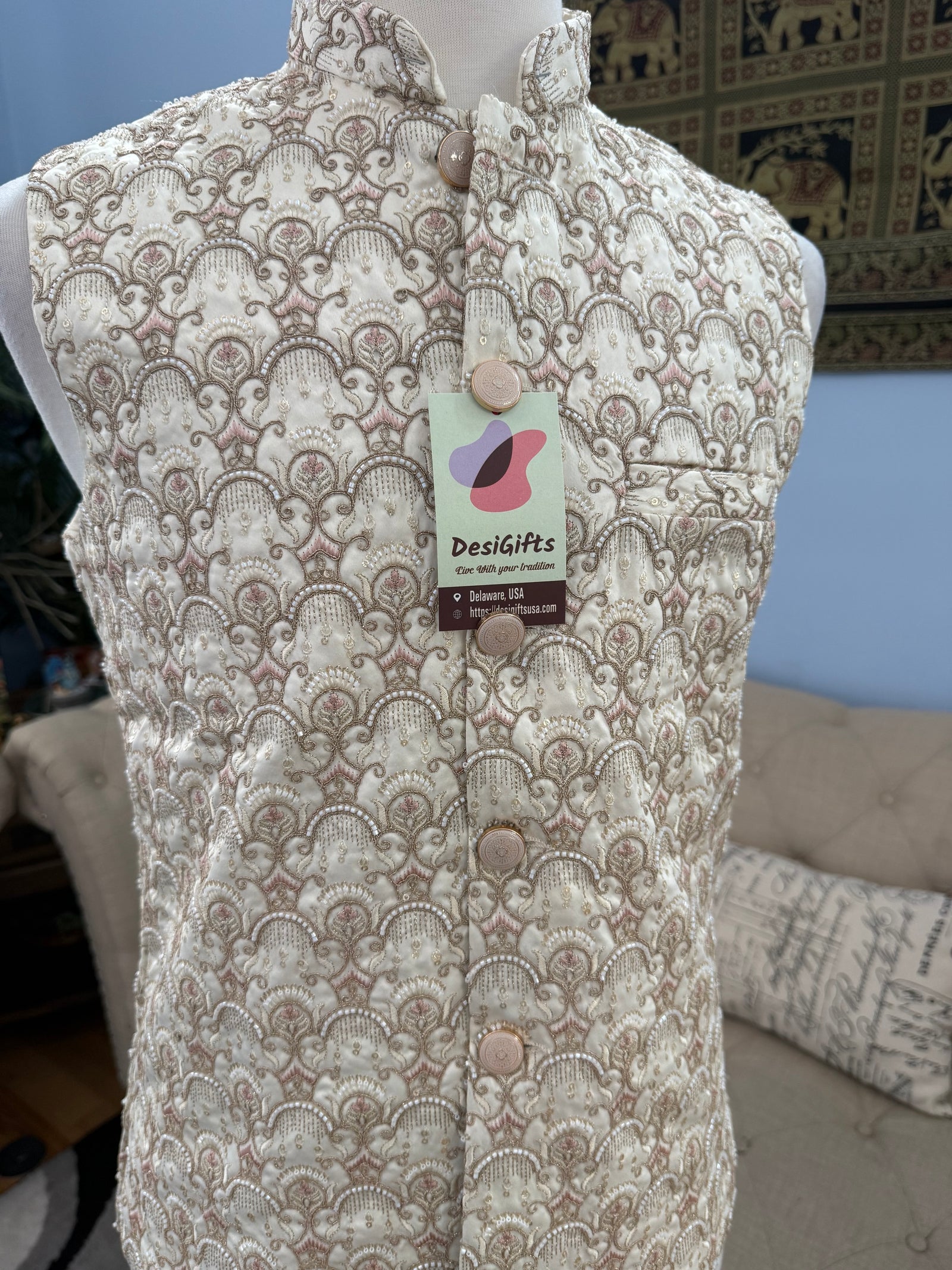 Classy Cream Jacket for Men, Intricately Embroidered Indian Waistcoat, Sadri with Sequins, Wedding Jacket, J - 1927