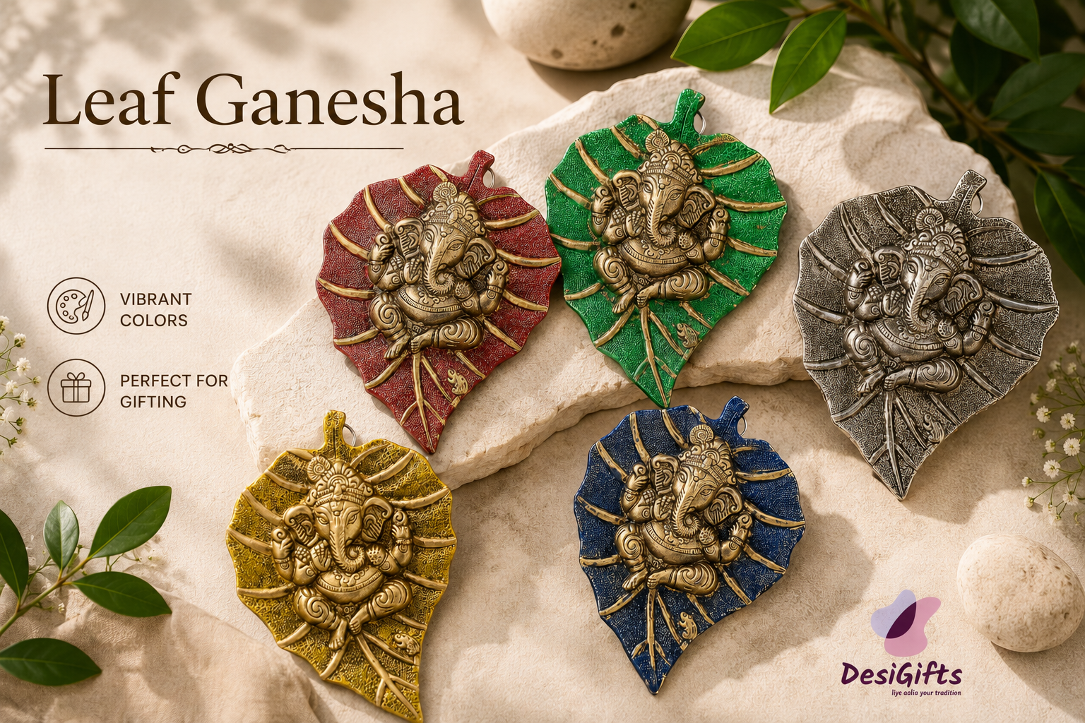 Leaf Ganesha Wall Hanging – Colorful Metallic Leaf Decor for Home Temple & Festive Gifting, 6 colors