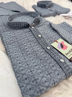 Gray Chikankari Rayon with Sequins 2 Piece Kurta Pajama Set, Father or Son's Outfit, DM -1981