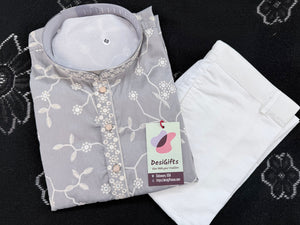 Men’s Light Gray Embroidered Kurta Pajama Set with with White Floral Embroidery, Sequins Work, Indian Ethnic Wear, KPS-3008