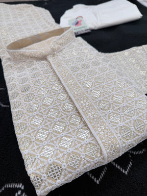 Men's Kurta Pajama set with Embroidery and Sequins in Light Yellowish Shade. Two-piece Indian traditional outfit., KP - 1425