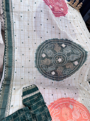 Linen Silk Blend Saree with Bandhani Style Print & Embellished Border, Indian Wedding Festive Saree with Stitched Blouse, S- 3093