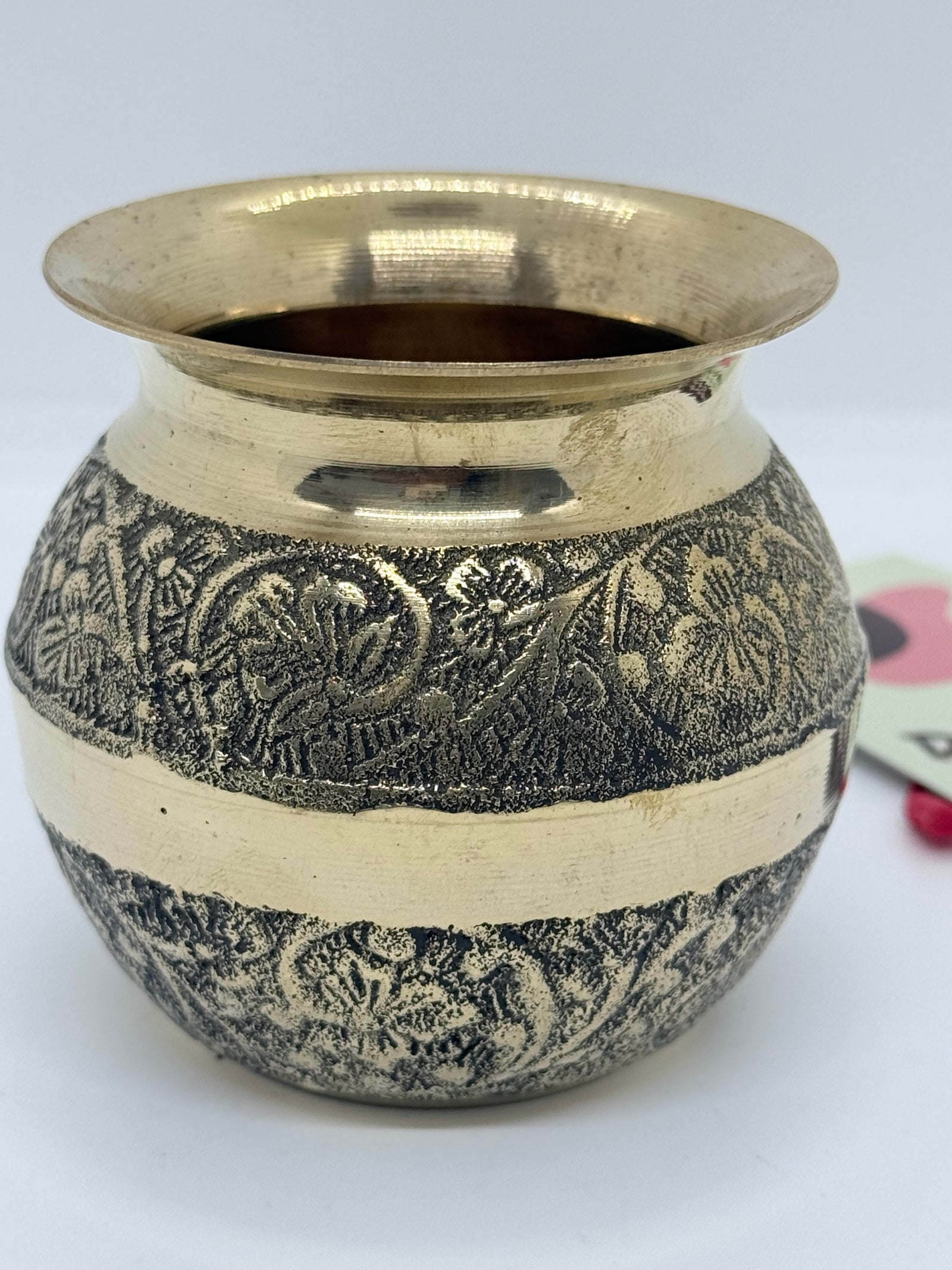 3" Engraved Brass Lota – Mini Decorative Water Pot with Floral Carving, LOTA - 3039