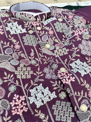 Stylish Men’s 3-Piece Plum Purple Shade Kurta Pajama with Embroidered Sequins Jacket, Silk Ethnic Wear for Wedding & Festive, KPJ-4052