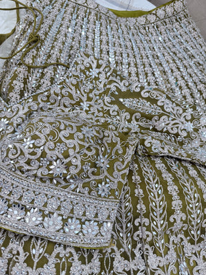 Women’s Olive Green Heavy Embroidered Lehenga Choli with Dupatta – Sequin & Stone Work Indian Wedding Bridal Festive Outfit, LHG-4015