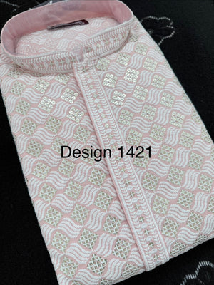 Men's Kurta Pajama set with Embroidery and Sequins in Soft Pink Shade. Two-piece Indian traditional outfit., KP - 1420-1421