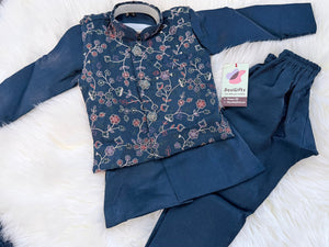 3 Piece Dusty Navy Blue Kurta Pajama with Embroidery Jacket Set, Silk Blend Fabric with a Slight Sheen., Father & Son's Outfit, DM - 3022