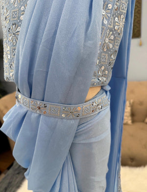 Readymade Saree  in Pastel Blue Shade for Girls with sequins Blouse, Indian Ethnic Outfit, GRL -1898