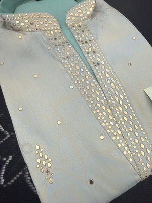 Men’s Ice Blue Shorter Kurta with Parallel Pants | Gold Embellished Jacquard Kurta Pajama Set | Indo-Western Wedding & Festive Kurta Set, KP - 4044