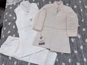 Boy's Champagne Blush Shade Cotton Silk 3 Piece Indo Western Outfit,  Embroidered  Sequins Long Jacket with Pant , Boy's Sherwani Dress - B-3054