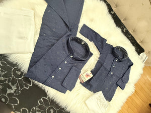 Men & Boys Navy Rayon Chikankari with Sequins Kurta Pajama Set | Matching Father Son Festive Outfit with Sequin Work, DM -2077