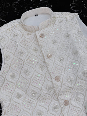 Luxury Cream Bead & Sequin Embroidered Nehru Jacket for Men – Heavy Thread Work Wedding Waistcoat | J-3034