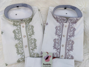 Size 42 (L), Men's Off-White Embroidered Kurta Pajama Set – Sage Green & Dusty Lavender | Indian Wedding & Festive Wear| KP-4067