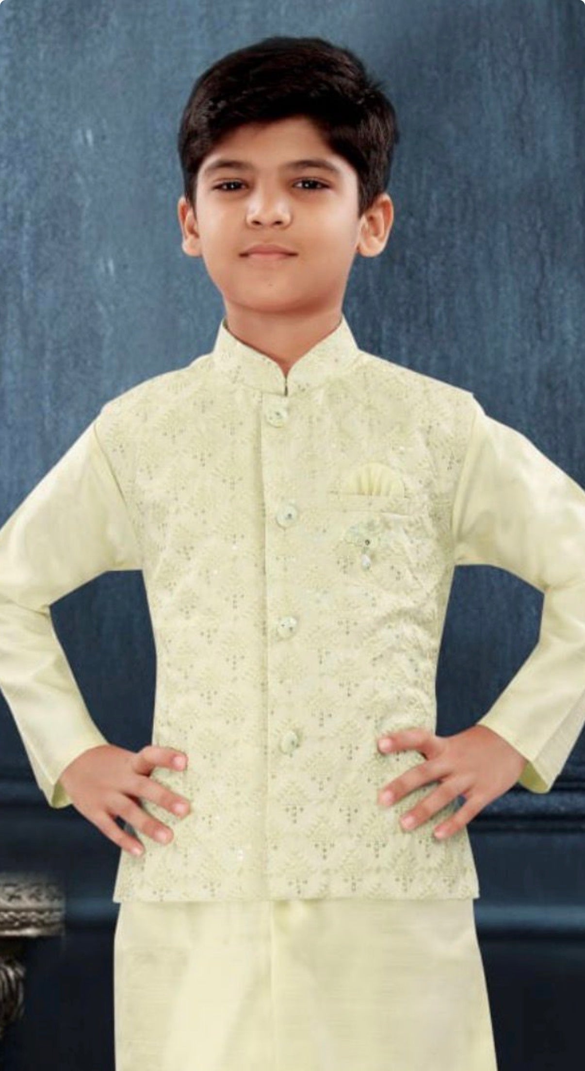 Pista Green Shade 3 Piece Boy's Cotton  Silk Ethnic Kurta with Jacket and Pajama- Design B-2027