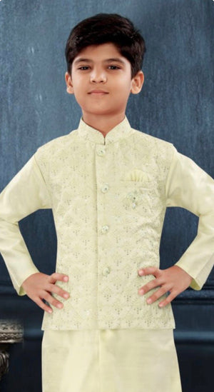 Pista Green Shade 3 Piece Boy's Cotton  Silk Ethnic Kurta with Jacket and Pajama- Design B-2027