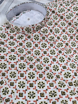 Men’s Off white/Cream Gujarati Garba Print Kurta Pajama Set | Traditional Navratri Festive Wear – Design 3066