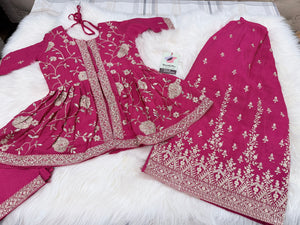 Girls Rani Pink Embroidered Sharara Suit Set with Dupatta, Indian Ethnic Party Wear for Weddings & Festivals,GRL-3002