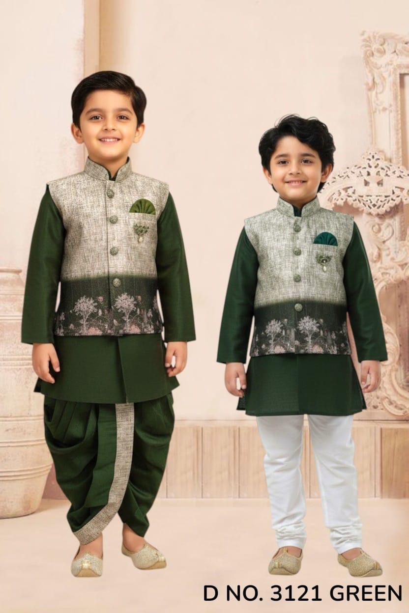 Boys Pine Green Kurta Pajama Set with Floral Design Jacket | Dhoti and Pajama | Indian Wedding Festive Ethnic Wear for Kids, B-4057
