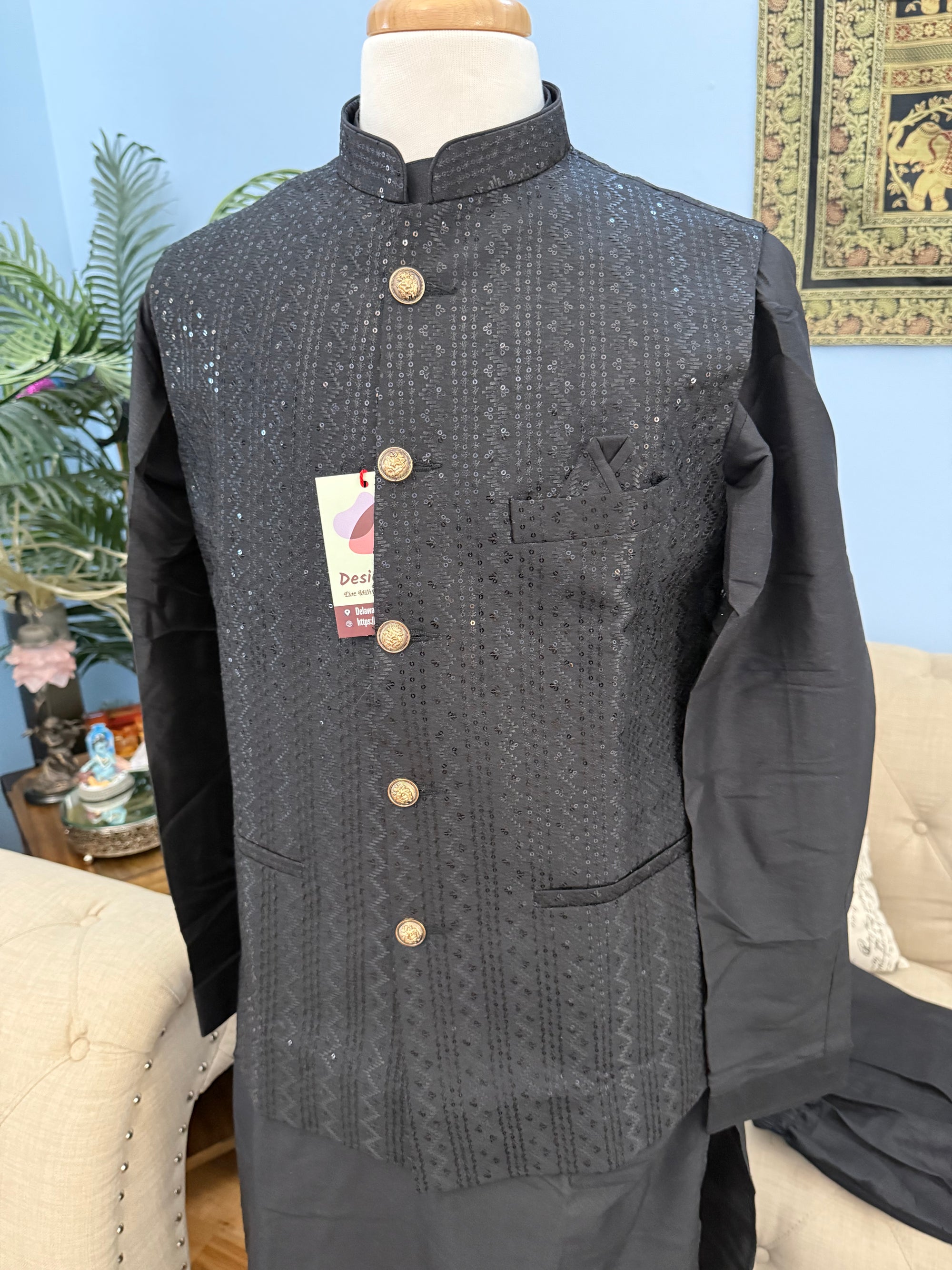 Classic Jet Black 3 Piece Kurta Pajama, Pant Style, with Stylish Embroidered Jacket Set-Silk Design TPKP- 1690